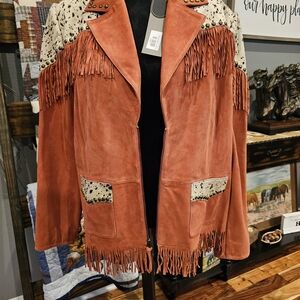 Double D Ranch Leather Jacket with Fringe and Hair On Hide Accents, Size 2X